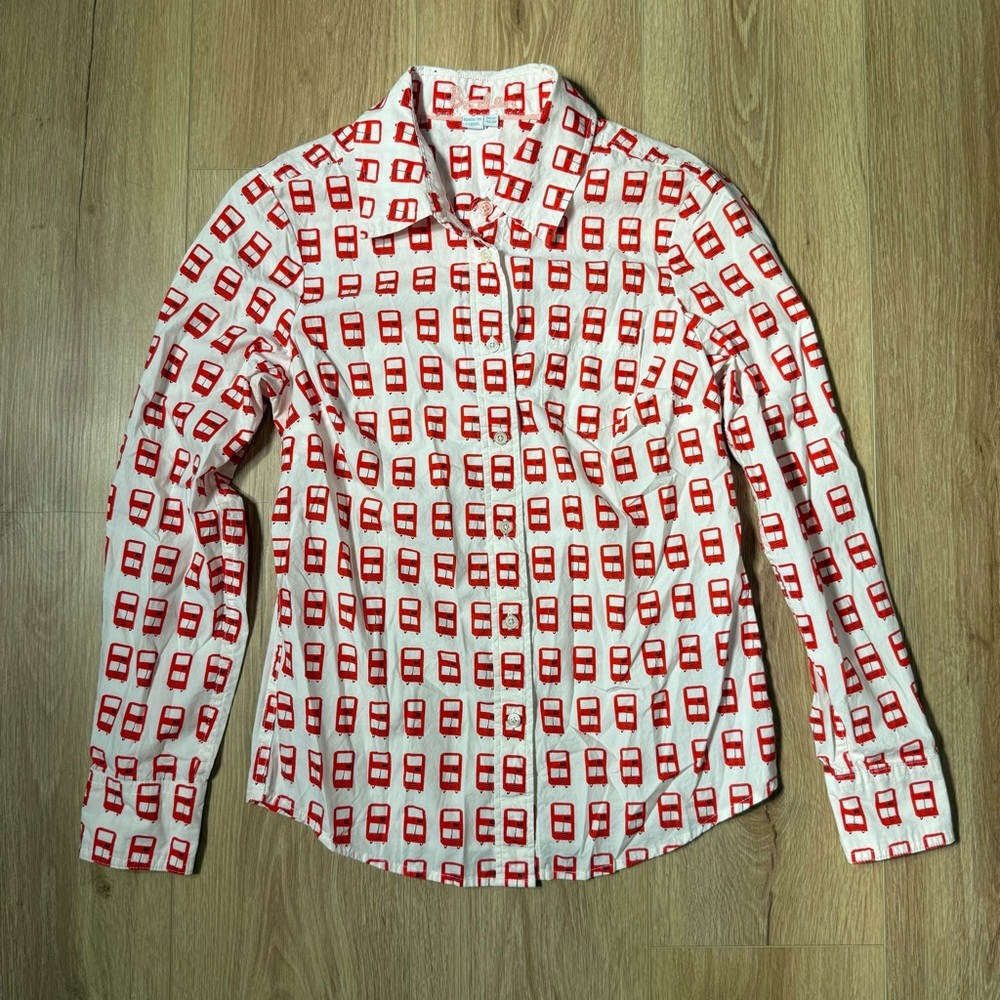 BODEN Womens Red Double Decker‎ Bus Print Shirt 2P Cotton LS Kitsch Fun Bright